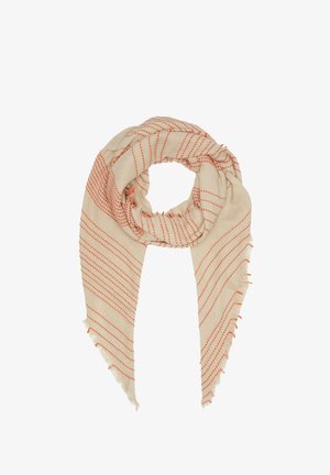 Écharpe tissée beige avec des rayures diagonales orange ; possède des bords effilochés et une texture douce. Design léger et polyvalent.