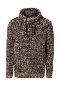 Strickpullover in Braun- und Cremetönen mit hohem Kragen, Kordelzügen und gerippten Bündchen und Saum. Strukturierter Stoff mit dickem Gewebe.