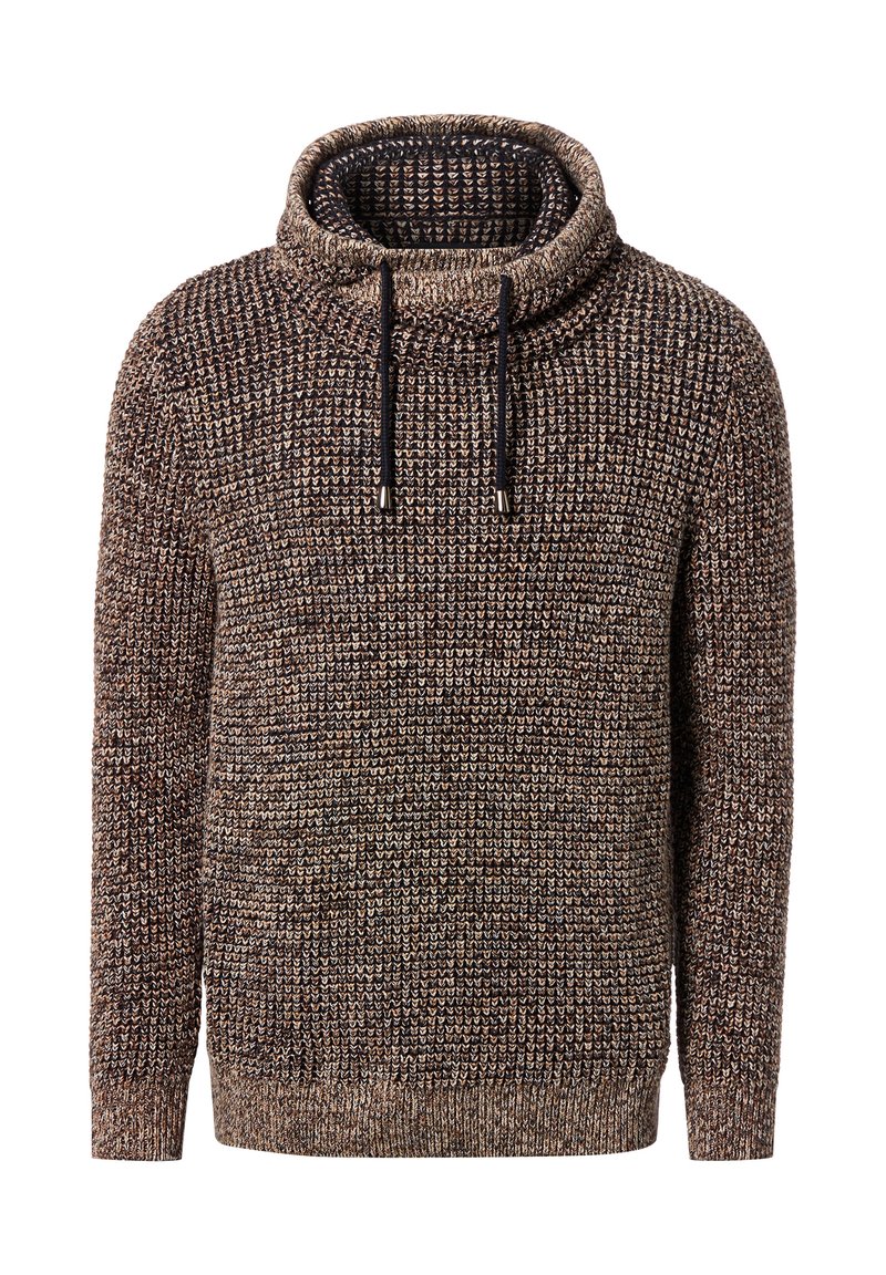 Strickpullover in Braun- und Cremetönen mit hohem Kragen, Kordelzügen und gerippten Bündchen und Saum. Strukturierter Stoff mit dickem Gewebe.