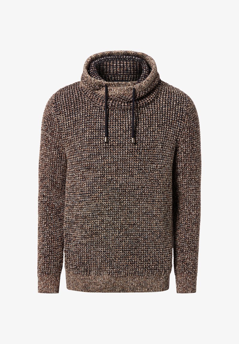 Strickpullover in Braun- und Cremetönen mit hohem Kragen, Kordelzügen und gerippten Bündchen und Saum. Strukturierter Stoff mit dickem Gewebe.