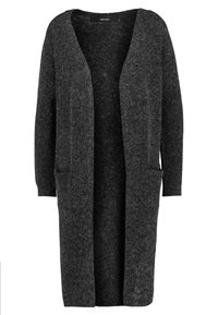 Langer, offener Cardigan in Dunkelgrau, aus strukturiertem Strickstoff hergestellt. Verfügt über zwei Fronttaschen und lange Ärmel. Ohne Verschlüsse.