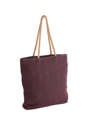 Paarse geweven tote tas met dikke beige touwen handvatten, rechthoekige vorm en gestructureerde stof.