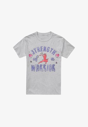 Gray cotton t-shirt featuring the text "Strength of a Warrior" with a red warrior figure, purple lettering, and floral accents.
