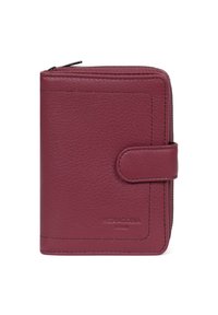 Burgundowa skórzana portmonetka z zamknięciem na zamek błyskawiczny i zatrzaskiem. Charakteryzuje się gładką teksturą, wytłoczonym logo oraz prostokątnym kształtem z zaokrąglonymi krawędziami.
