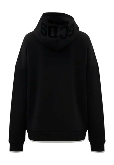 Sweat à capuche noir vu de dos avec des manches longues et un texte discret imprimé sur la capuche.