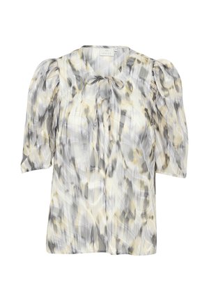 Blouse à manches courtes en tissu léger et transparent, avec un motif abstrait gris et jaune, dotée d'un col noué et de manches bouffantes.