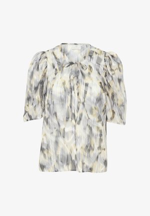 Blouse à manches courtes en tissu léger et transparent, avec un motif abstrait gris et jaune, dotée d'un col noué et de manches bouffantes.