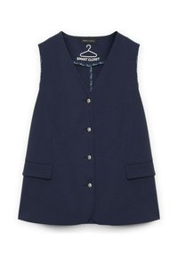 Donkerblauwe vest met V-hals, vijf zilveren knopen en zijzakken. Gladde stof met een effen textuur, eenvoudig ontwerp.