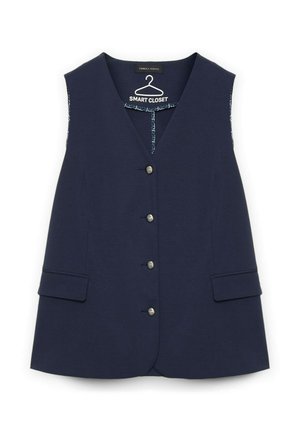 Gilet bleu marine avec un col en V, cinq boutons argentés et des poches sur les côtés. Tissu lisse avec une texture unie, design sans ornement.