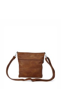 Braune Leder-Umhängetasche mit einer Front-Reißverschlusstasche, verstellbarem Tragegurt, glatter Oberfläche und geprägt Logo.