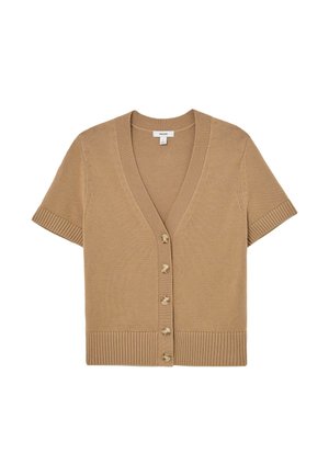 Īsām piedurknēm, V veida kakla kardigans gaiši brūnā adījumā ar ribveida aprocēm un apakšu, priekšpusē ar sešām lielām, apaļām pogām.