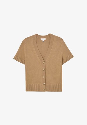 Kurzärmeliges Strickjackett mit V-Ausschnitt in hellbraunem Strick, mit gerippten Bündchen und Saum, das vorne sechs große, runde Knöpfe aufweist.
