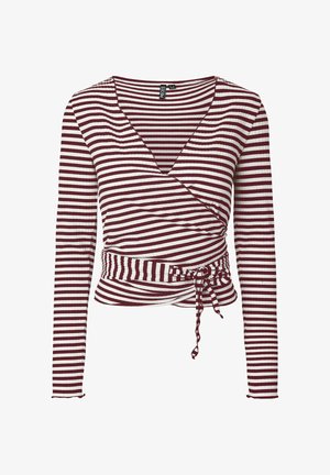 Wikkelshirt met lange mouwen met horizontale bordeauxrode en witte strepen, V-hals en een getailleerde ceintuurdetail.