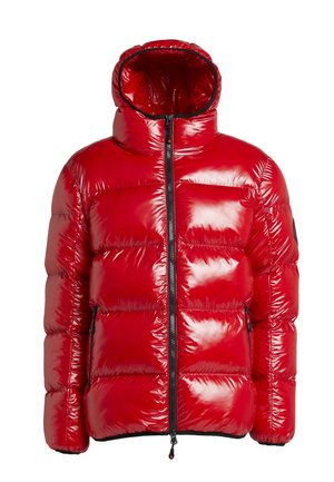 Red puffer jacket with a shiny texture, featuring a high collar, a full zipper, and two side pockets. Hood included with a snug fit.