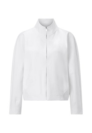 Witte lange mouwen jas met opstaande kraag en ritssluiting aan de voorkant, met een gladde textuur en minimalistisch ontwerp.