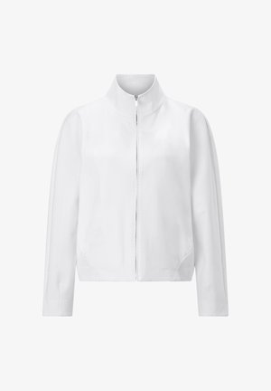 Witte lange mouwen jas met opstaande kraag en ritssluiting aan de voorkant, met een gladde textuur en minimalistisch ontwerp.