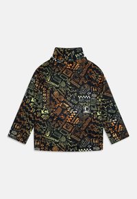 Giacca a pullover con colletto alto, caratterizzata da una base nera con motivi grafici e design astratti in vivace arancione e verde sulla superficie.