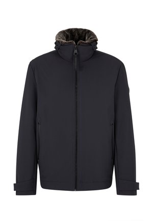 Zwarte winterjas met rits, hoge kraag en zachte bontvoering aan de binnenkant van de kraag, lange mouwen en ritssluitingen op de zijzakken.