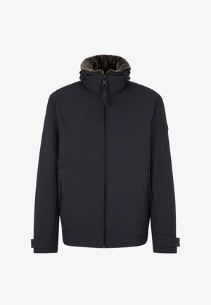 Zwarte winterjas met rits, hoge kraag en zachte bontvoering aan de binnenkant van de kraag, lange mouwen en ritssluitingen op de zijzakken.