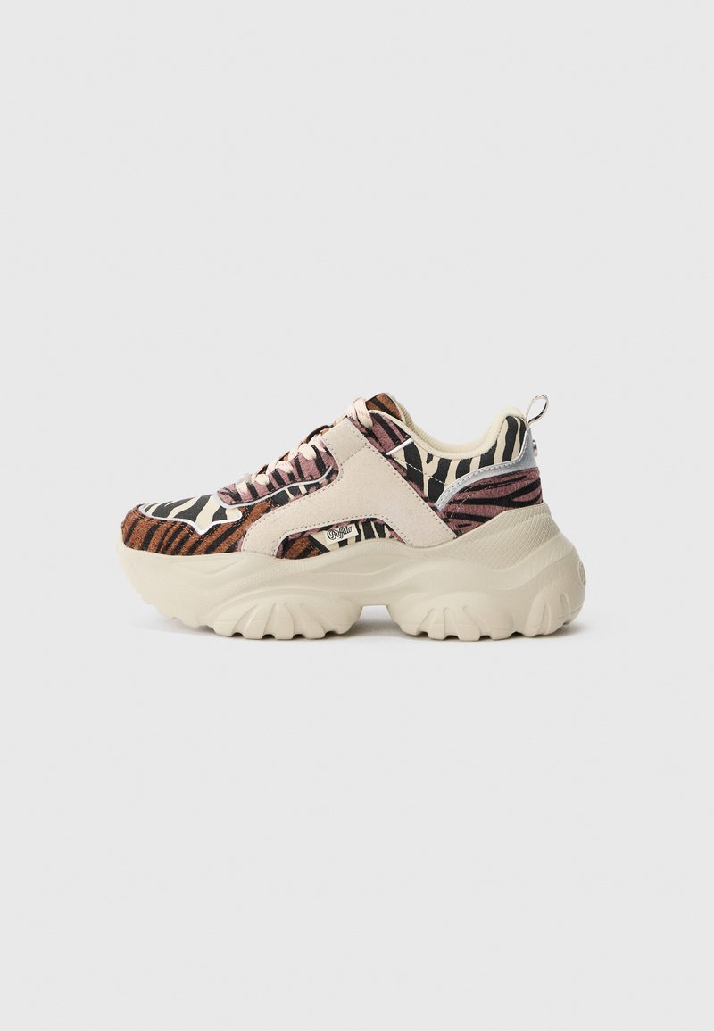 Chunky sneakers with a multicolor animal print in shades of black, orange, and pink; cream-colored rubber sole and textile upper.