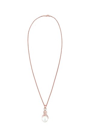 Halskette aus Roségold mit einem Tropfen-Perlen-Anhänger, akzentuiert mit klaren Kristallen und einem Unendlichkeit-Design, an einer dünnen Kette.