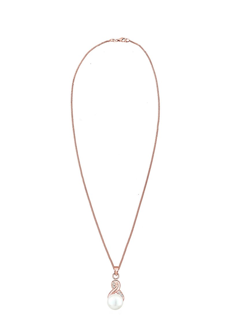 Rose gold halskæde med en tåreformet perlevedhæng, der er prydet med klare krystaller og et uendelighedsdesign, på en tynd kæde.