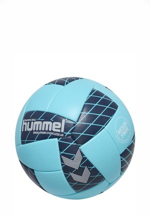 Trainingsbal in blauw en marineblauw, met een gestructureerd oppervlak met een geometrisch patroon en witte branding. Constructie zonder hars is zichtbaar.