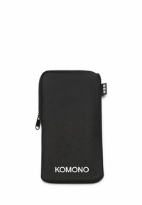 Zwarte met rits afgesloten pouch gemaakt van gestructureerde stof, met een gladde afwerking en een witte "KOMONO" logo aan de voorkant.