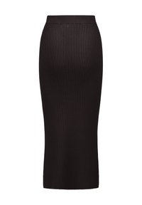 Jupe crayon midi en maille côtelée noire avec taille haute et silhouette ajustée.