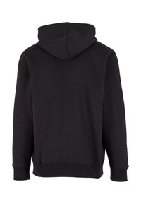 Black hoodie with a spacious hood, long sleeves, ribbed cuffs, and hem, made from a soft fabric with a smooth texture. No visible logos.