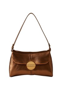 Brown metallic leather handbag with a rounded shape, top flap, and gold circular hardware detail. Includes an adjustable shoulder strap.