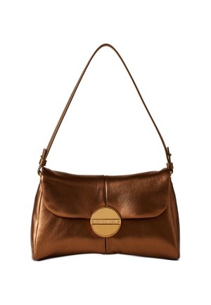 Brown metallic leather handbag with a rounded shape, top flap, and gold circular hardware detail. Includes an adjustable shoulder strap.