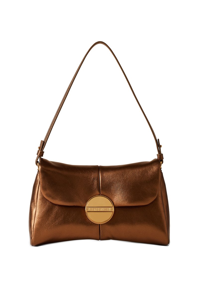 Brown metallic leather handbag with a rounded shape, top flap, and gold circular hardware detail. Includes an adjustable shoulder strap.