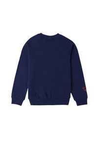 Felpa blu navy con maniche lunghe a raglan, scollo rotondo, polsini e orlo a costine. Presenta un dettaglio del logo rosso sulla manica sinistra.