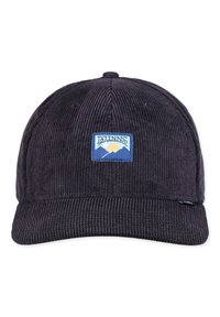 Căciulă de corduroy marină cu vizieră curbată, având un patch decorativ cu un munte albastru și galben pe față. Material texturat cu dungi.