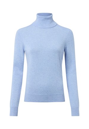 Helles blaues Rollkragensweater, aus weichem, strukturiertem Stoff, mit langen Ärmeln und geripptem Halsausschnitt sowie Saum.