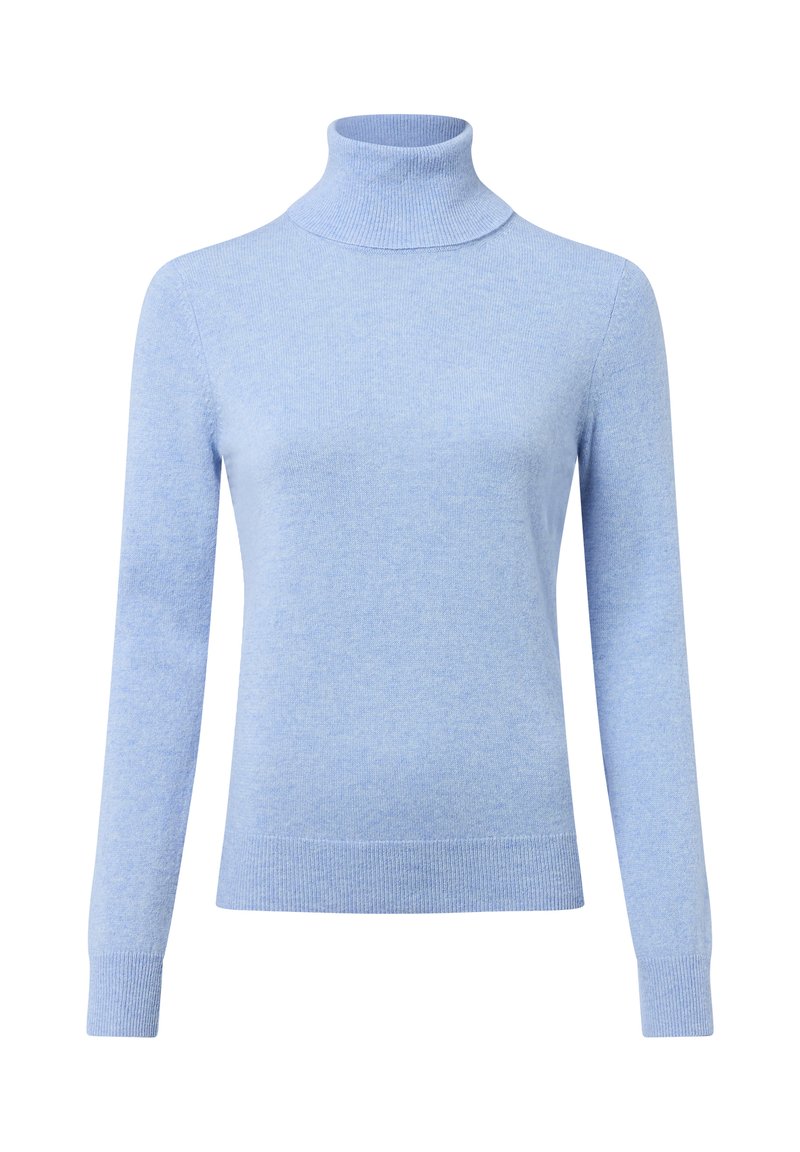 Helles blaues Rollkragensweater, aus weichem, strukturiertem Stoff, mit langen Ärmeln und geripptem Halsausschnitt sowie Saum.