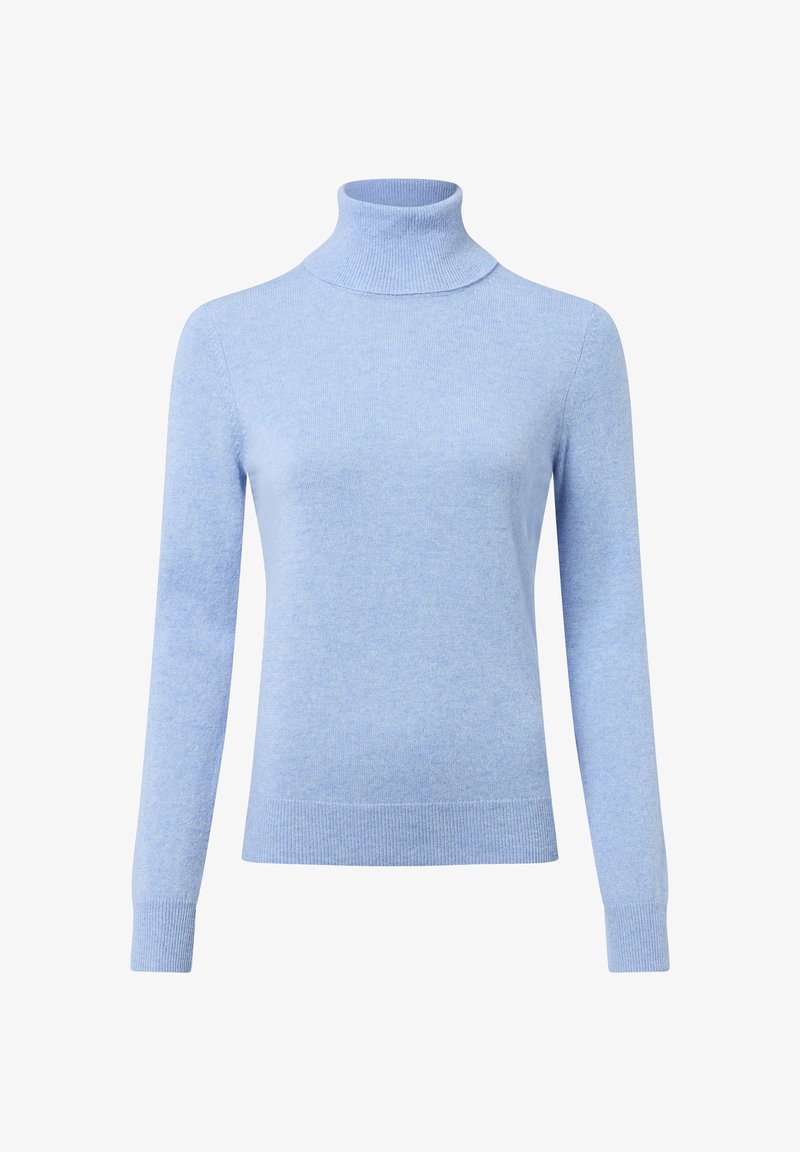 Helles blaues Rollkragensweater, aus weichem, strukturiertem Stoff, mit langen Ärmeln und geripptem Halsausschnitt sowie Saum.
