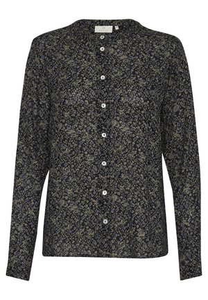 Blusa de manga larga en azul marino oscuro con un patrón floral en verde y azul. Cuenta con un cuello redondo y botones blancos en la parte delantera.