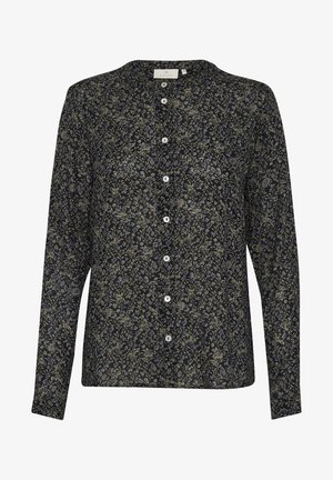 Long-sleeve blouse in dark navy with floral pattern in green and blue. Features a round collar and white button closures along the front.