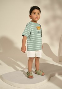 Roheline triibuline puuvillane T-särk lõvijoonistusega, valged lühikesed püksid ja rohelised sandaalid. Laps seisab heledal, kaardus platvormil.