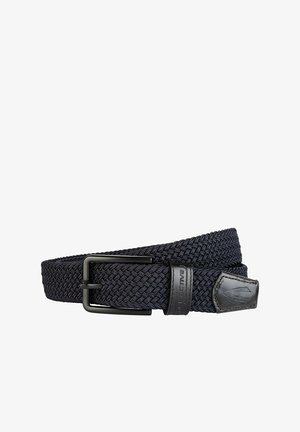 Gewebter Stoffgürtel in Dunkelblau mit einer schwarzen Metallschnalle. Verfügt über ein Lederakzent mit geprägtem Logo. Flexibles und strukturiertes Design.