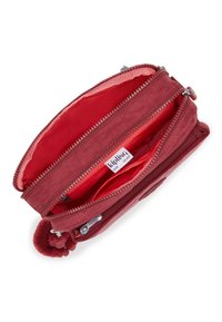 Pochette rossa con zip, dal rivestimento in tessuto. L'interno ha una fodera rossa liscia e vari scomparti. Presenta un ciondolo a pom-pom attaccato.