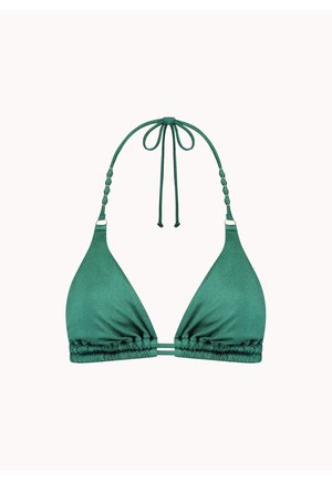 Haut de bikini triangle vert en tissu texturé, avec des liens ajustables au cou et dans le dos, et des détails froncés sous la poitrine.
