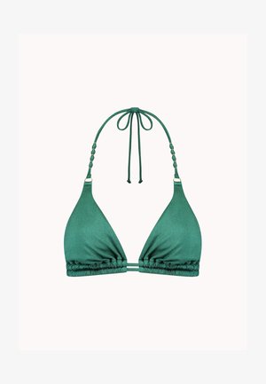 Zelený trojúhelníkový bikiny horní díl s texturovanou tkaninou, nastavitelnými kravaty na krku a na zádech, a nařasenými detaily pod ňadry.