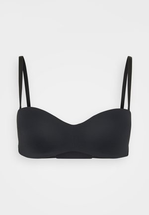 Sort bandeau bh med tynde justerbare stropper, glat stof, sømløst design og en enkel buet silhuet.