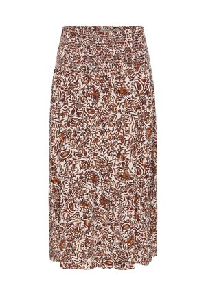 Falda midi con cintura elástica, base crema y un patrón floral y de hojas denso en tonos marrones y naranjas por toda la prenda.