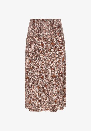 Middenlange rok met elastische tailleband, crème basis en dicht bruin-oranje bloem- en bladpatroon overal.