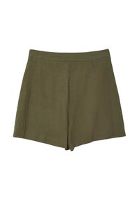 Olivengrüne Shorts aus einem strukturierten Stoff mit hoher Taille, strukturiertem Design und vorderen Falten.
