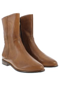 Bottines en cuir marron avec des zips, texture lisse, bout pointu, petit talon empilé et détails de couture minimalistes sur les côtés.
